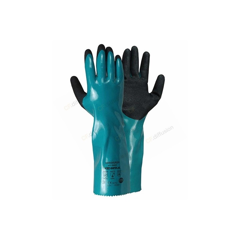 Gant contre les produits chimiques COFRA - ABRAGRIP Vert/Noir L .35 cm. Vu de face et de derrière