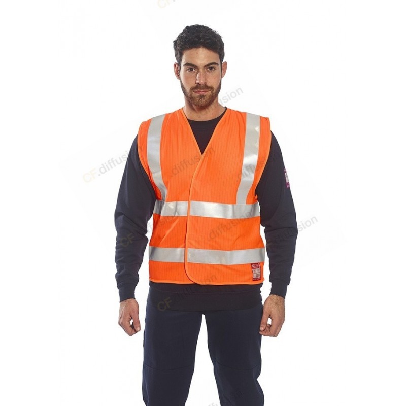 Gilet de signalisation Portwest FR71 Haute visibilité anti feu et antistatique Orange fluo. vu de face