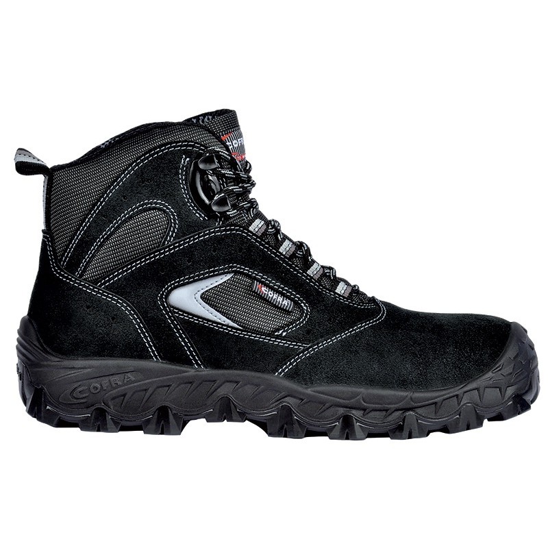 Chaussures de sécurité haute et respirante modèle egeo finition velour coloris noir normé S1P SRC vue de profil
