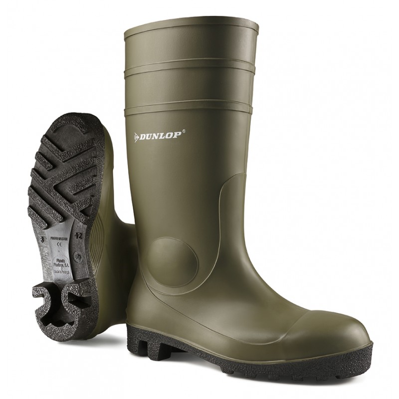 Botte de sécurité imperméable pour chantier S5 SRA Dunlop PROTOMASTOR Vert. Vu de profil et de dessous