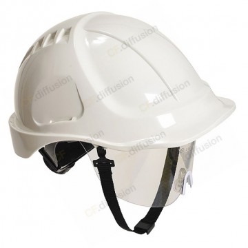 Casque à visière avec lunette rétractable PORTWEST PW54 Blanc. Vu de profil