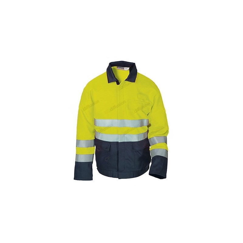 Veste haute visibilité + multirisques CF DIFFUSION CONFORT PRO Jaune Fluo/marine. Vu de face