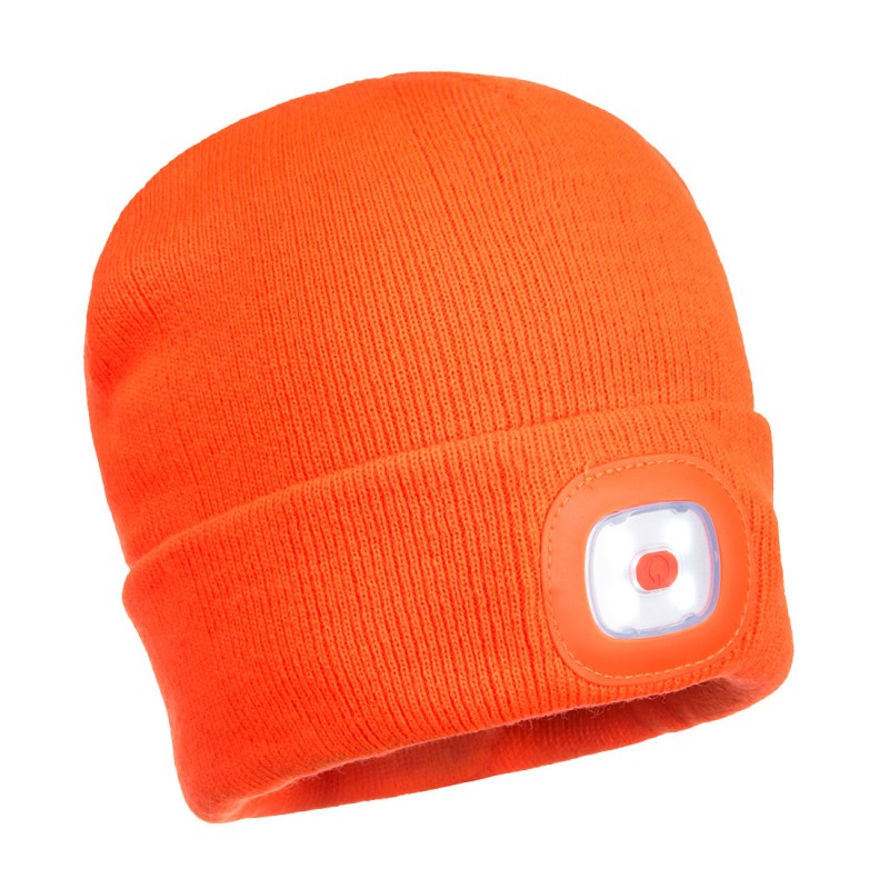 Bonnet chaud avec lumière LED PORTWEST B029 Orange. Vu de face