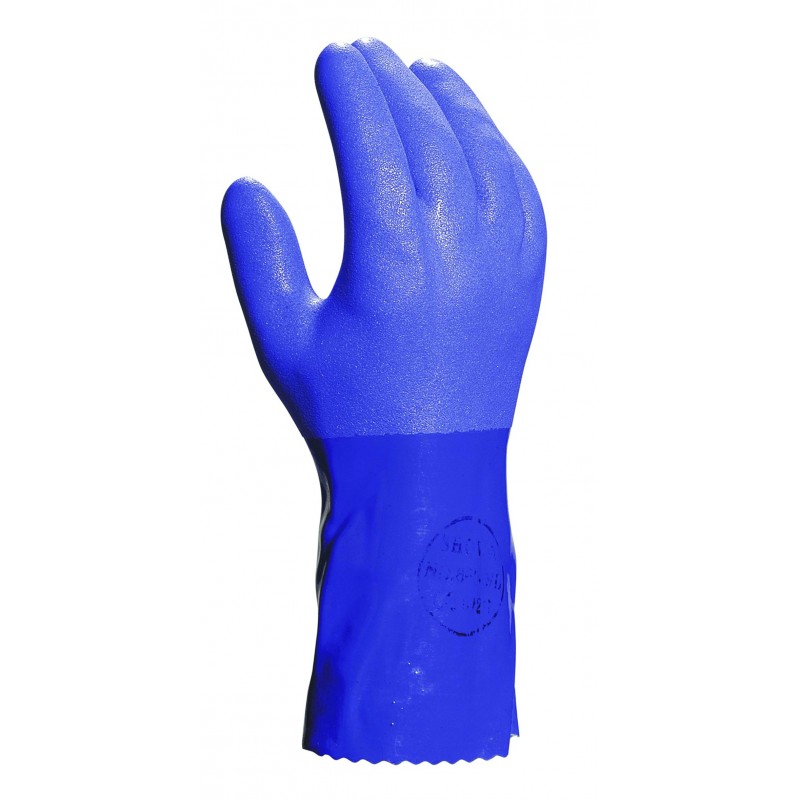 Gants protection chimiques en coton/jersey longueur 30 cm SHOWA - 660 Bleu. Vu dos de la main
