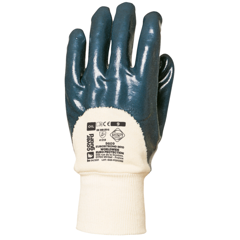 Gants manutention lourde en 3/4 nitrile COVERGUARD MO9610 Bleu/blanc. Vu dos de la main