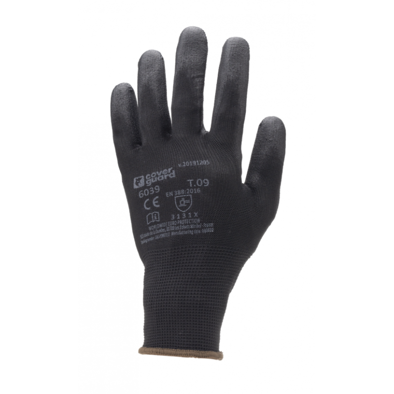 Gants de précision en polyester pour milieu sec COVERGUARD MO6040 Noir. Vu dos de la main