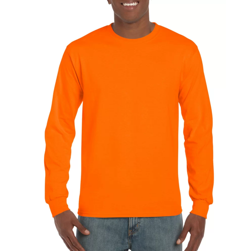 Tee-shirt manches longues Gildan Orange Fluo. Vu de face