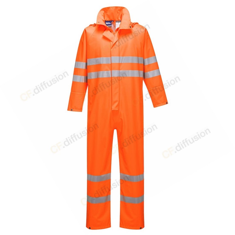 Combinaison de pluie Portwest S495 haute visibilité, imperméable Orange fluo. Vu de face