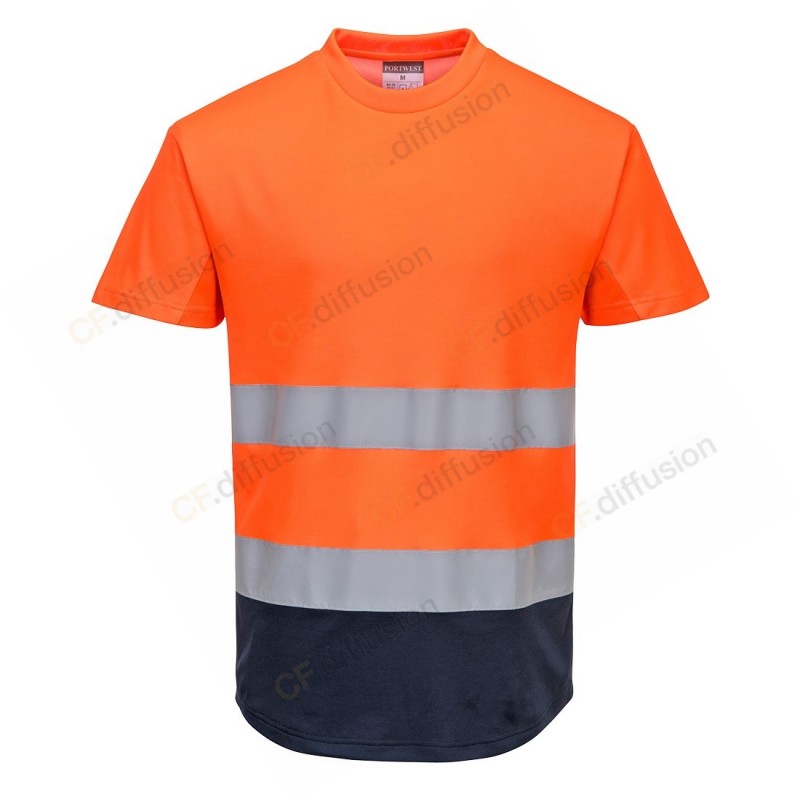 Tee-shirt Portwest C395 Haute visibilité Orange fluo / Marine. Vu de face