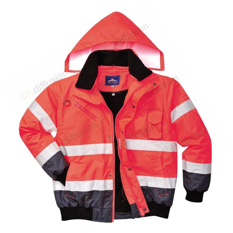 Blouson 3-EN-1 Haute Visibilité Portwest C465 Rouge / Marine. Vu de face