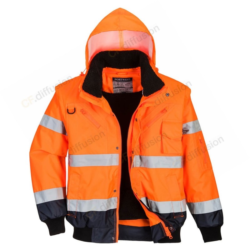 Blouson 3-en-1 Haute Visibilité Portwest C465 Orange fluo/ Marine. Vu de face