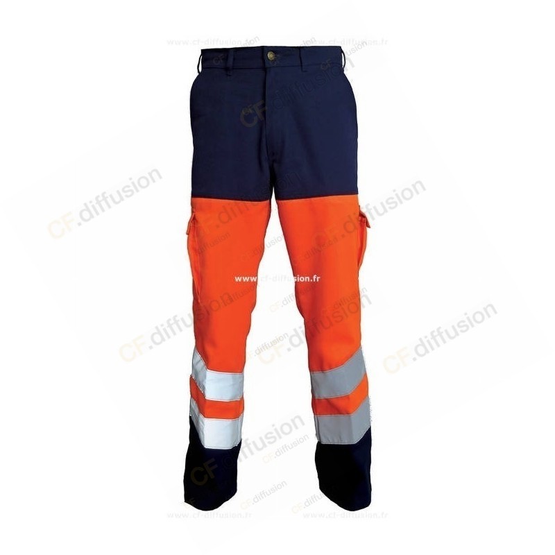 Pantalon Haute Visibilité PBV 01HVO580 Orange Fluo / Marine. Vu de face