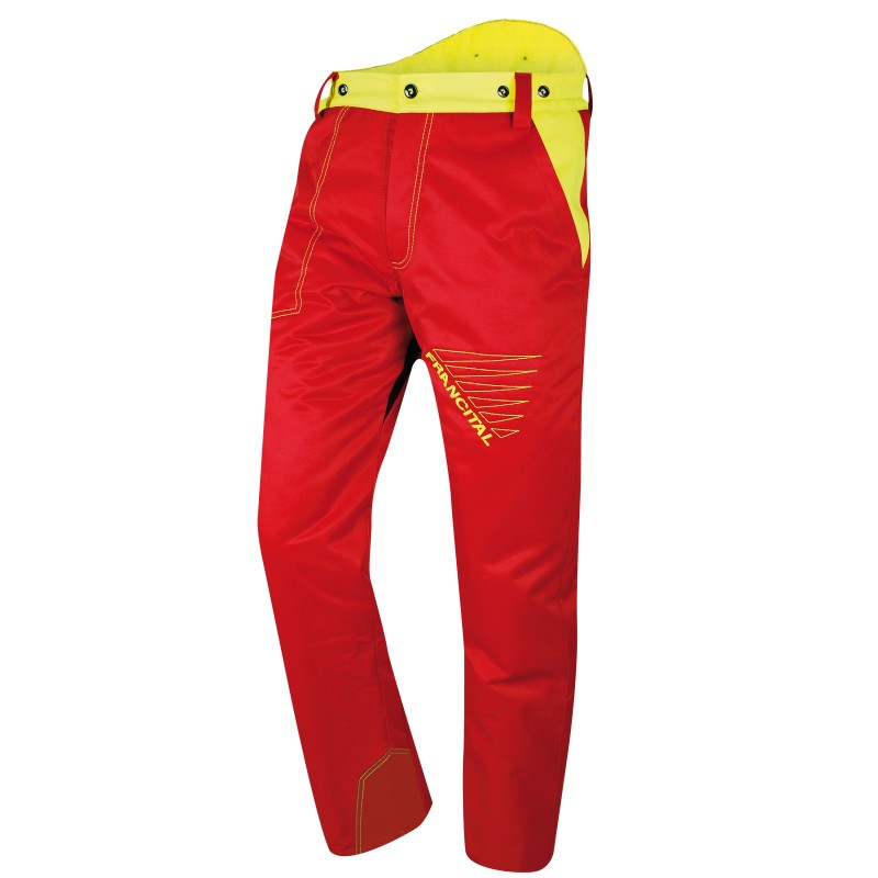 Pantalon anti coupure pour utilisateur de scie à chaine FRANCITAL FI001B Rouge / Jaune. Vu de face