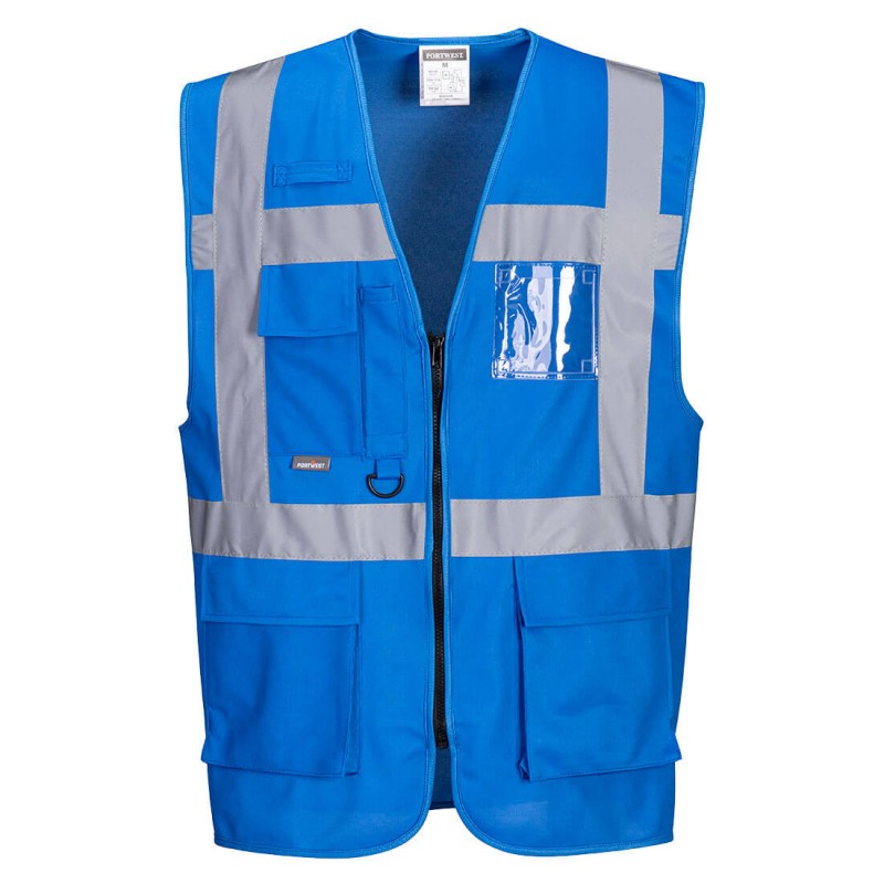 Gilet Portwest F476 Haute visibilité Bleu. Vu de face