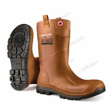 Botte de sécurité imperméable, contre le froid S5 SRC Dunlop RIGAIR PRO FUR Marron. Vu de profil et de dessous