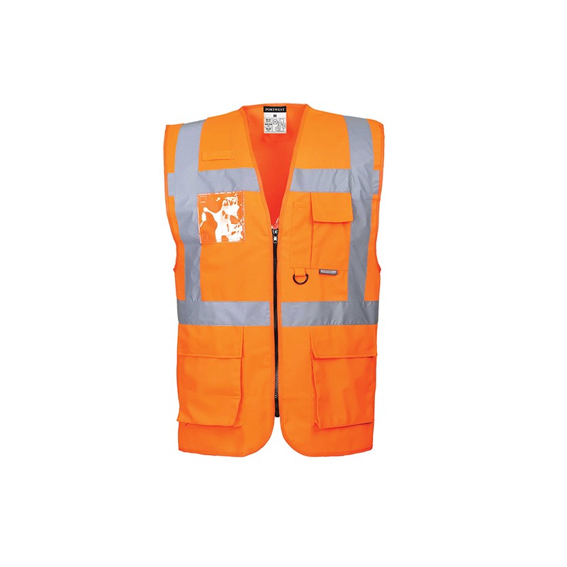 Gilet avec porte-badge et boucle radio Portwest S476 Haute Visibilité Orange fluo. Vu de face