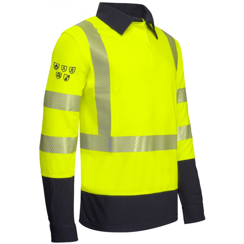 Polo manches longues multirisques Ref.HVTEON TBM Jaune fluo / Marine. Vu de face