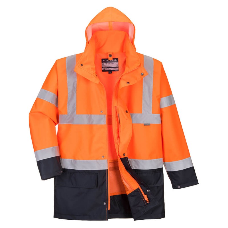 Parka 5 en 1 Haute visibilité, imperméable Portwest S766 Orange/Marine. Vu de face