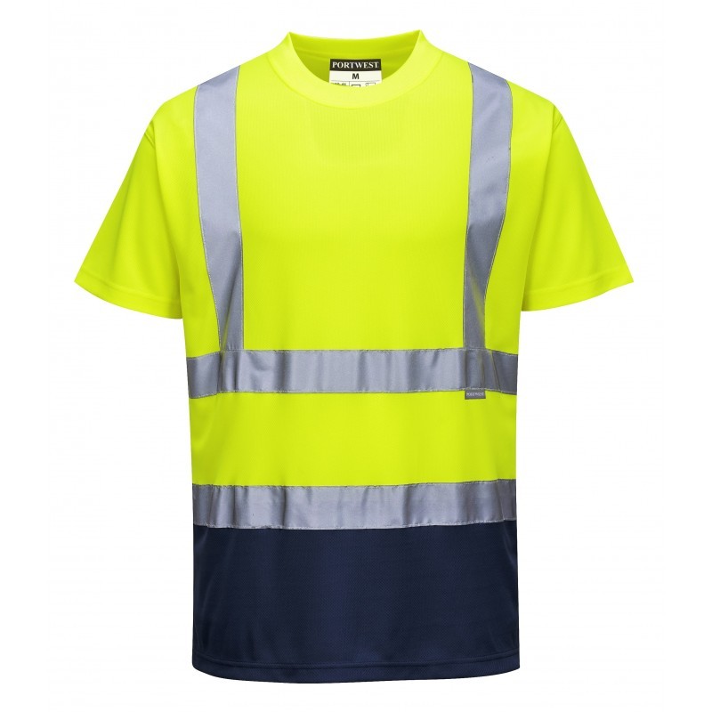 Tee-shirt Portwest S378 bicolore Haute Visibilité Jaune fluo/Marine. Vu de face