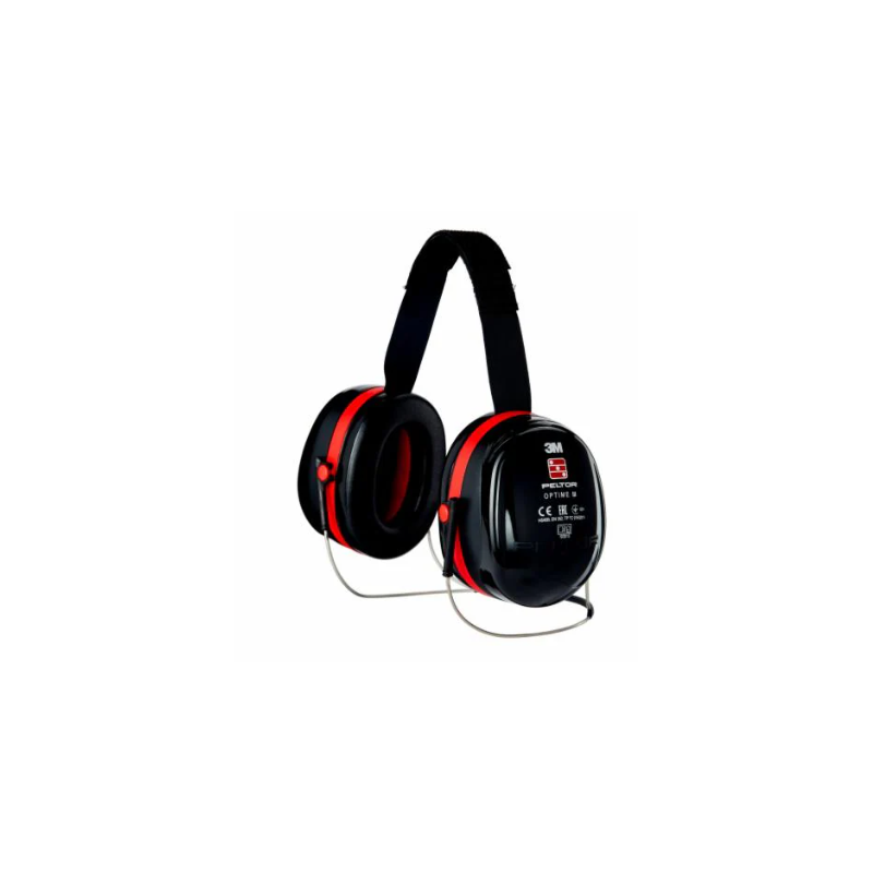 Casque antibruit avec serre nuque 35 décibel 3M - H54004 Rouge/noir. Vu de profil
