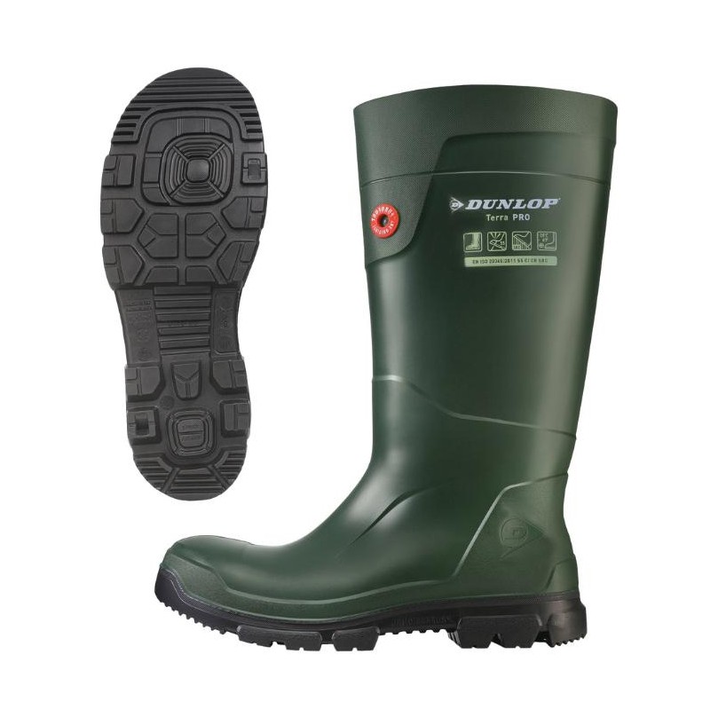 Botte de sécurité contre le froid S5 SRC Dunlop TERRAPRO FULL Vert. Vu de côté et de dessous