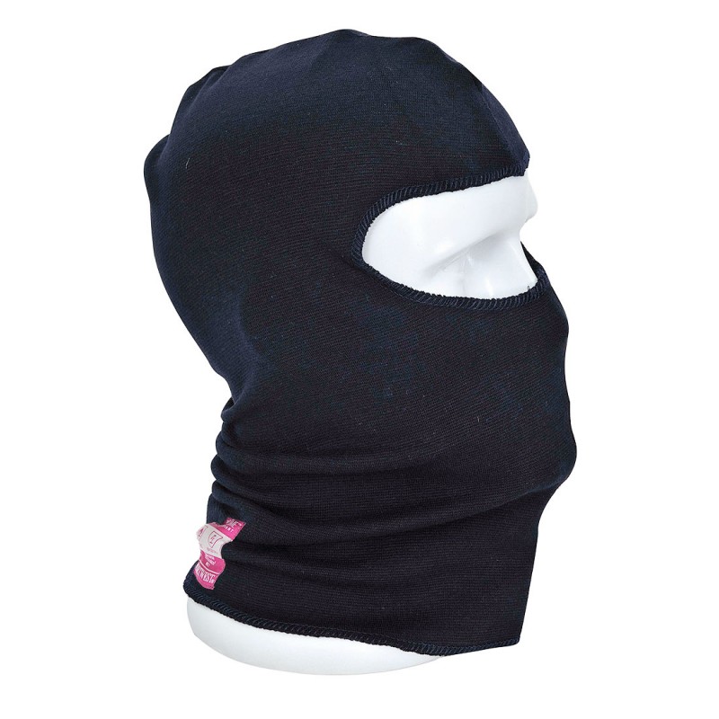 Cagoule retardateur de flammes et antistatique Portwest FR 18 Marine. Vu de profil
