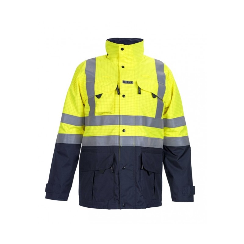 Parka multirisques + haute visibilité P2L MIRAMAS Jaune fluo/Marine. Vu de face