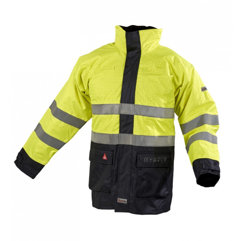 Parka multirisques, haute visibilité, ATEX, P2L TAIL Jaune fluo/Marine. Vu de face