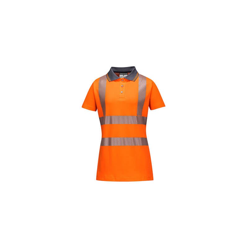 Polo manches courtes pour femme PORTWEST LW72 Haute visibilité Orange fluo/Gris. Vu de face