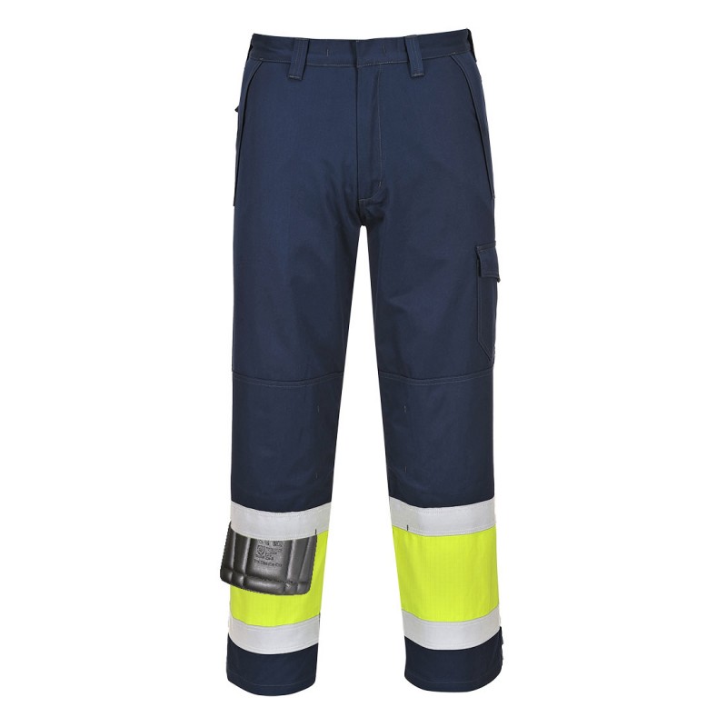Pantalon Portwest MV26 Modaflame haute visibilité antistatique Jaune fluo, Marine. Vu de face