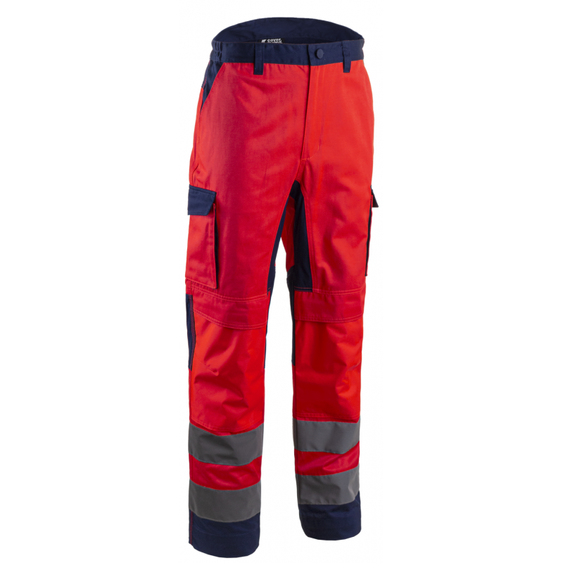 Pantalon Haute Visibilité Coverguard 5HBA130 Rouge fluo/Marine. Vu de face