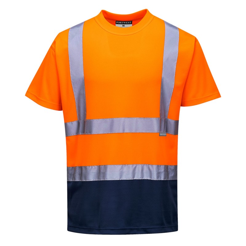 Tee-shirt Portwest S378 bicolore Haute Visibilité Orange fluo/Marine. Vu de face