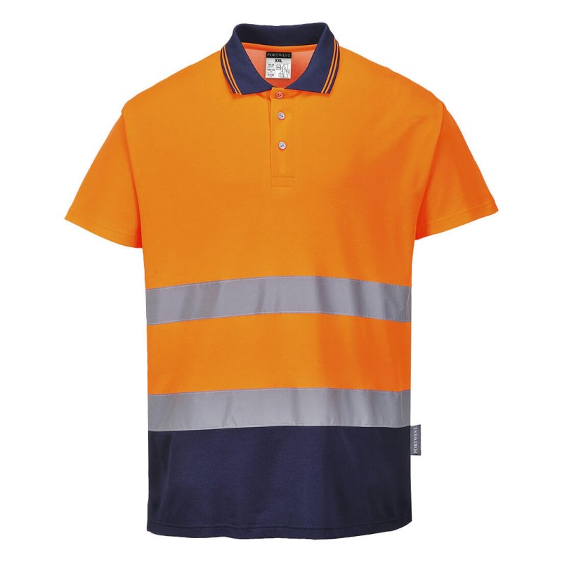 Polo Portwest S174 Haute visibilité Orange fluo / Marine. Vu de face