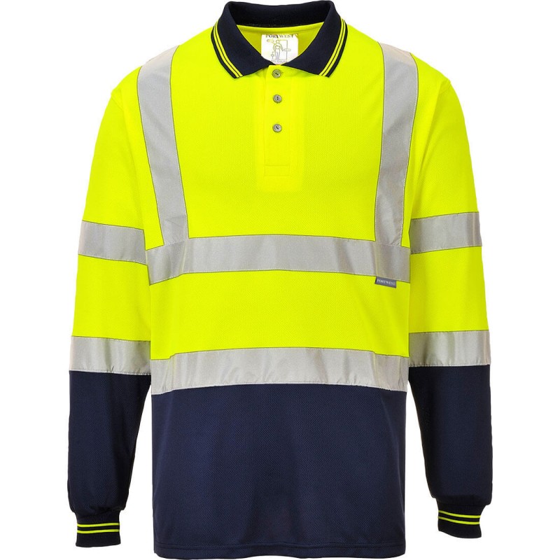 Polo manches longues Portwest S279 Haute visibilité Jaune fluo / Marine. Vu de face