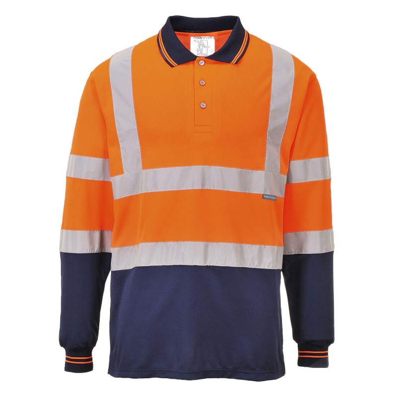 Polo manches longues Portwest S279 Haute visibilité Orange fluo / Marine. Vu de face