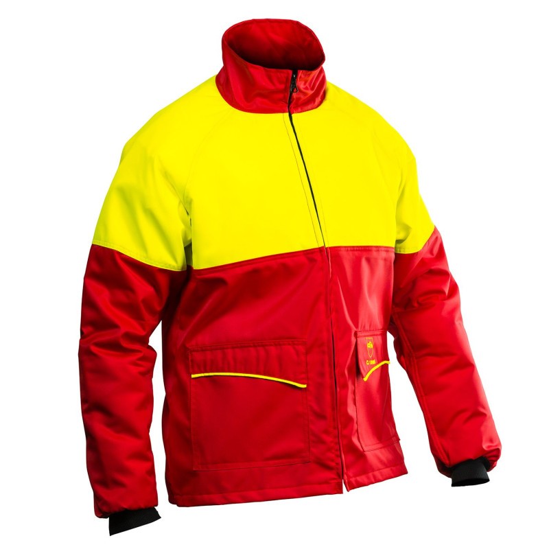 Veste pour utilisateur de scie à chaine FRANCITAL FI005B Rouge/Jaune. Vu de face