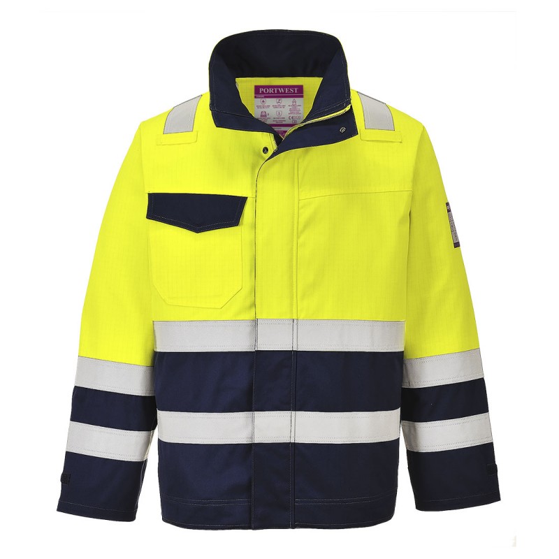 Blouson Portwest MV25 HI-VIS Modaflame, haute visibilité Jaune/Marine. Vu de face