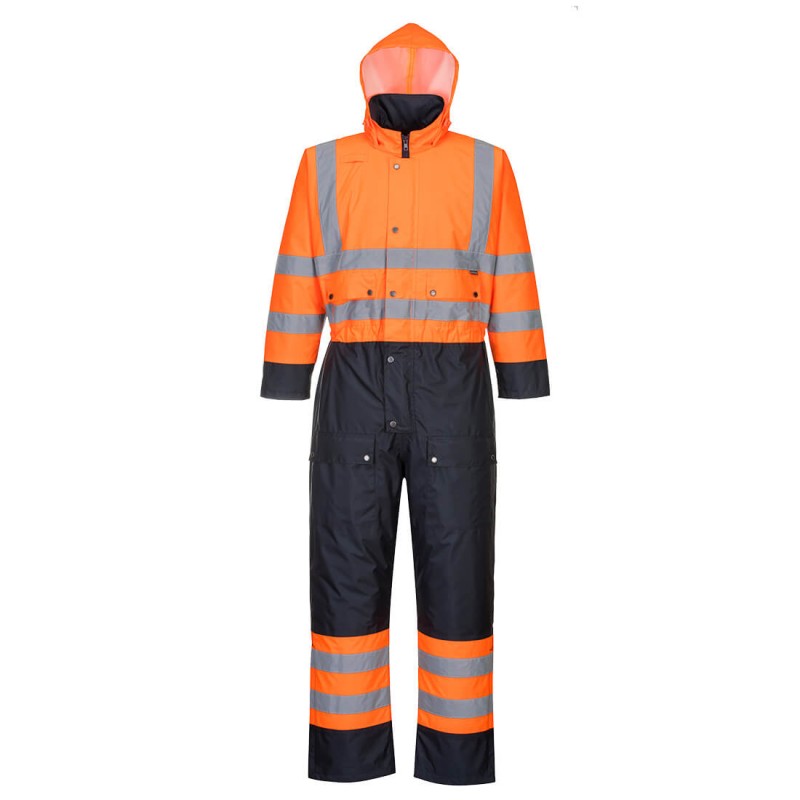 Combinaison haute visibilité et imperméable Portwest S485 matelassée Orange fluo/marine. Vu de face