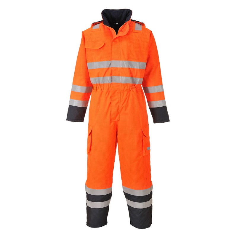 Combinaison imperméable antistatique Bizflame Portwest S775 Orange fluo. Vu de face