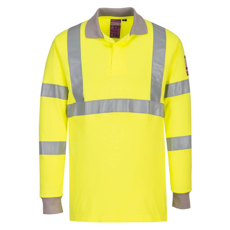 Polo manches longues Portwest FR77 Haute visibilité, multirisques et Modaflame Jaune fluo. Vu de face