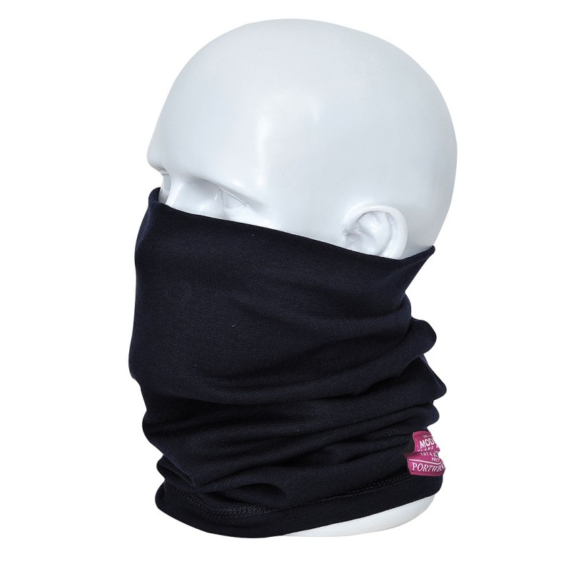 Tour de cou retardateur de flammes et antistatique Portwest FR 19 Marine. Vu de face porté