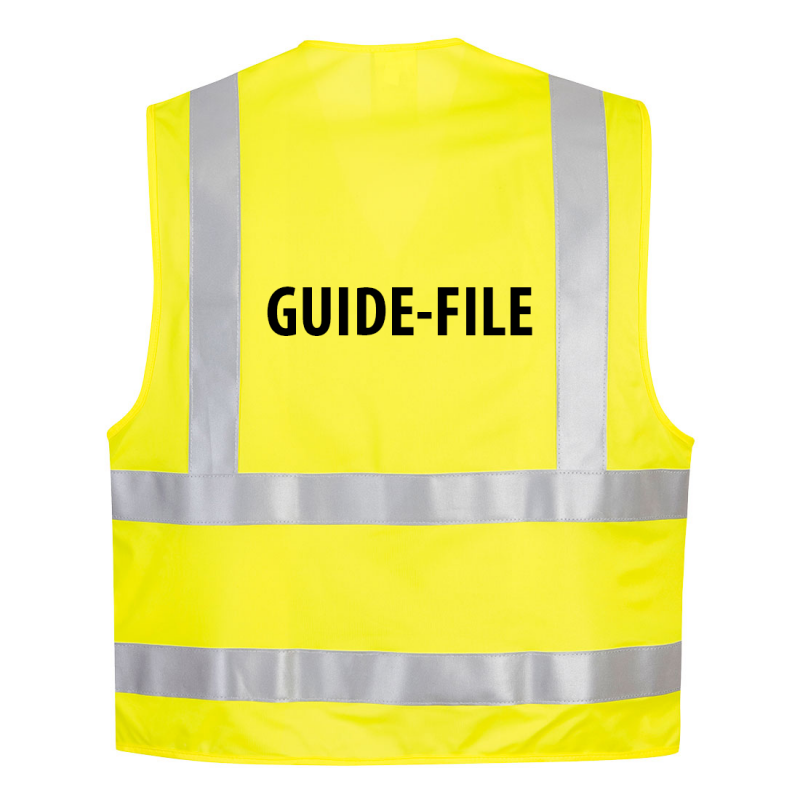 Gilet de sécurité Atex et haute visibilité Jaune fluo avec sérigraphie GUIDE-FILE. Vu de dos