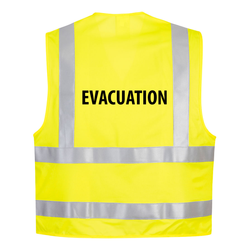 Gilet de sécurité Atex et haute visibilité Jaune fluo avec sérigraphie EVACUATION. Vu de dos