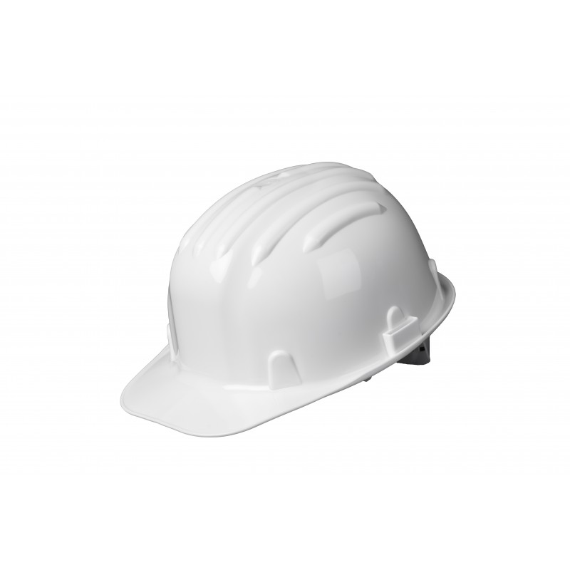 Casque de chantier coiffe en polyéthylène avec bande anti transpiration COVERGUARD 6GOE400 Blanc. Vu de profil