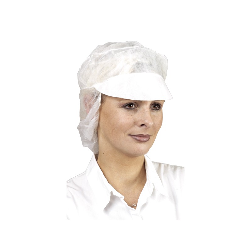 Casquette jetable résille en polypropylène avec visière COVERGUARD MO45650 Blanc. Vu de face