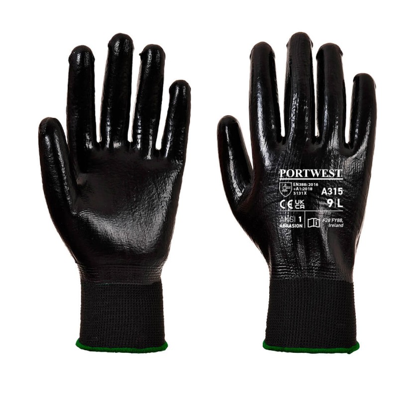Gants tout enduit nitrile contre les huiles et les graisses PORTWEST A315 Noir. Vu de devant et derrière