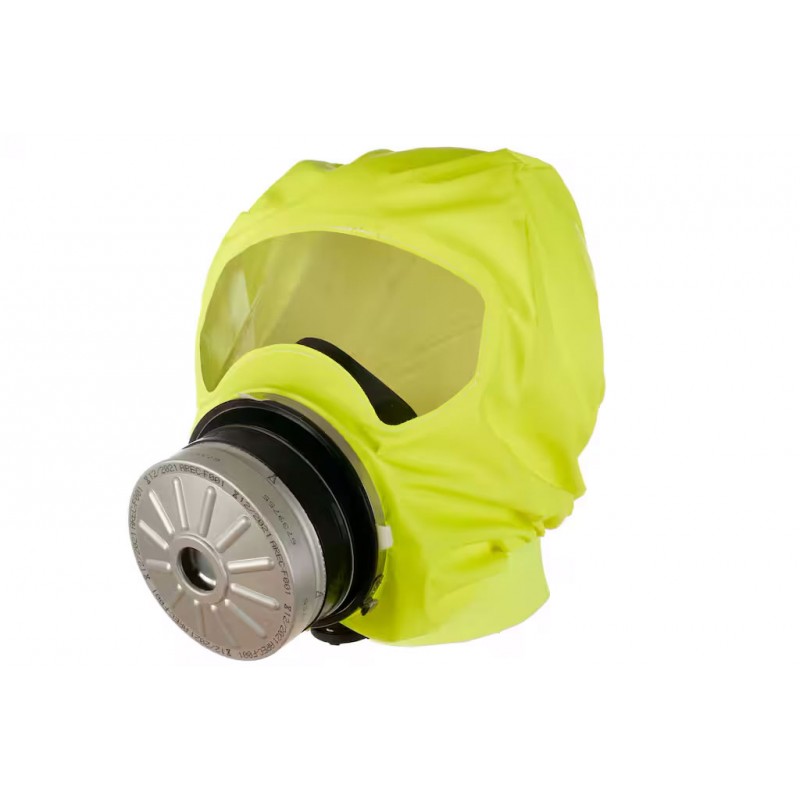 Cagoule d'évacuation filtrante qui protège en cas d'incident chimique DRGAER - PARAT Jaune. Vu de profil