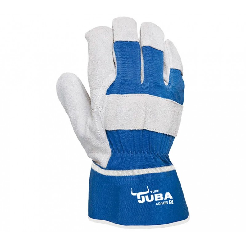 Gants en cuir fleur de bovin extra et toile JUBA 404BR Bleu/gris. Vu dos de la main