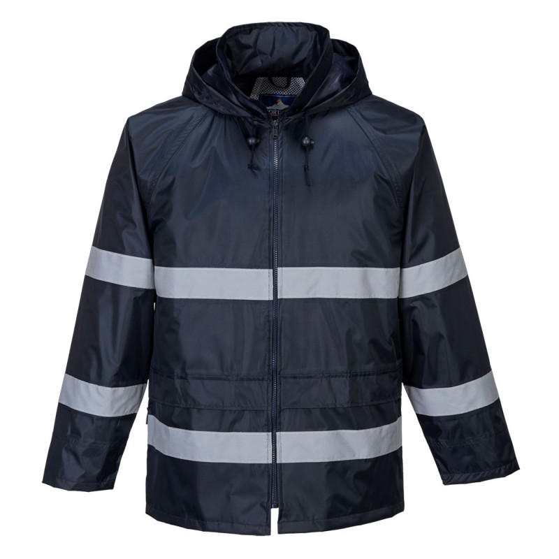 Veste de pluie imperméable et haute visibilité Portwest F440 Marine. Vu de face