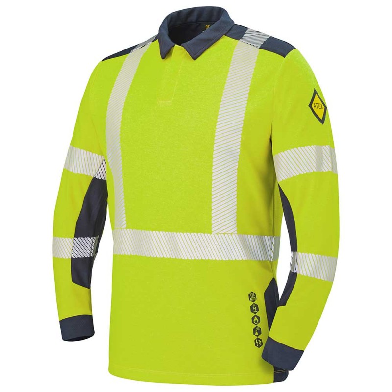 Polo manches longues multirisques et haute visibilité CEPOVETT 9T82-9162 Jaune fluo/marine. Vu de face